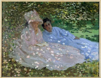 Frau Monet und eine Freundin im Garten. Zwei Frauen sitzen im Schatten eines Baumes