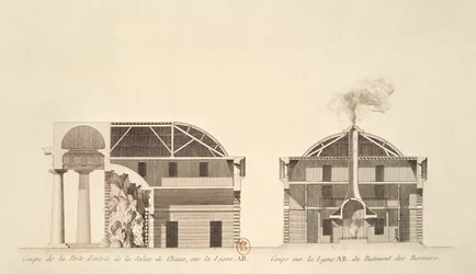 Querschnitt des Eingangs zu den Salinen in der idealen Stadt Chaux, ca. 1801