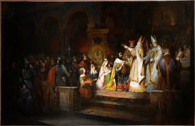 Karl der Große wird von Papst Adrian I. in Mailand zum König von Italien gekrönt, 774