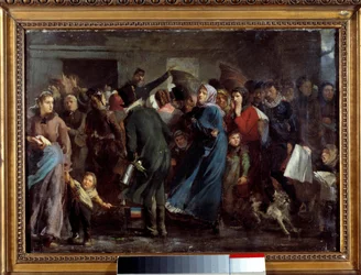 Die Schlange hat Metzgerei. Die hungrigen Einwohner von Paris warten während des Krieges von 1870-1871 gegen Preußen auf ihre Reihe beim Metzger. Gemälde von Clement Auguste Andrieux (1829-1880)