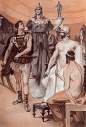 Der Streit zwischen Achilles und Agamemnon: Minerva steigt vom Himmel herab und ergreift Achilles an den Haaren, um ihn daran zu hindern, sein Schwert gegen Agamemnon zu ziehen. Illustration von Clement Gontier (1876-1918) für Homers 