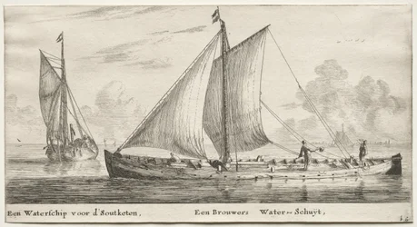 Verschiedene Schiffe und Ansichten von Amsterdam, Teil II: Ein Wasserschiff auf dem Weg zu den Soutketen. Ein Brauerwasserschiff
