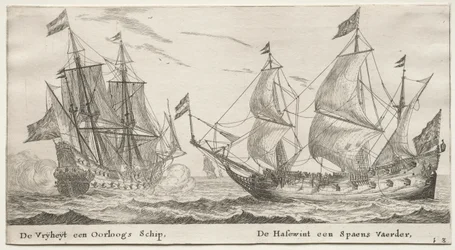 Verschiedene Schiffe und Ansichten von Amsterdam (Verscheffde Schepen en Gesichten van Amstelredam), Teil II: Die Freiheit, ein Kriegsschiff. Der Wolfshund, ein spanisches Schiff
