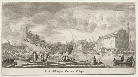 Verschiedene Schiffe und Ansichten von Amsterdam (Verscheffde Schepen en Gesichten van Amstelredam), Teil II: Ein Schiff wird zu Wasser gelassen