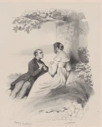 Mann macht einer Frau einen Antrag, deren Gesicht von Haaren verdeckt ist, ca. 1830-65
