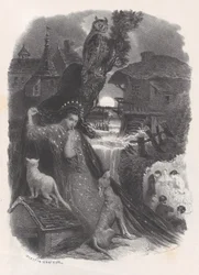 Nacht, Vignette eines Mädchens im Kostüm des 18. Jahrhunderts, das Rosen pflückt, ca. 1830-65