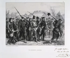 Deutsch-Französischer Krieg 1870-1871: Preußische Kriegsgefangene. Aus einer Lithografienserie von Clément-Auguste Andrieux über die Nationalgarden.