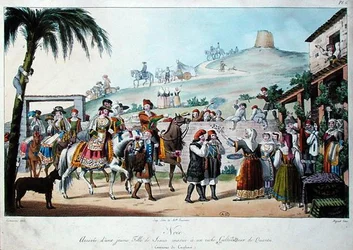 Hochzeitsprozession in der Region Cagliari, Italien, graviert von Bezard 1825
