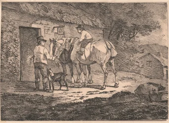 Pferde an der Tür der Hütte