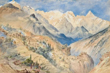 Die Khylas-Gipfel und das Dorf Pangi drei Meilen oberhalb von CHINE am Sutledge