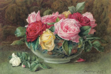 Stillleben mit einer Schale rosa, gelber und roter Rosen, 1883