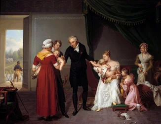 Alibert impft ein Kind im Schloss Liancourt (Darstellung einer Pockenimpfung nach dem Prinzip von Edward Jenner)