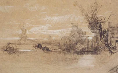Landschaft mit Kühen, einem Bauernhof und Mühlen