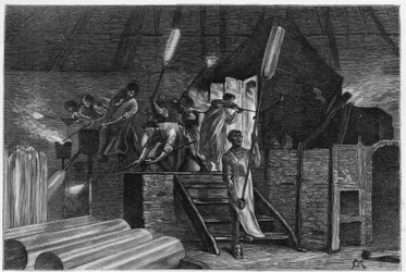 In einer Glasfabrik in Lodelinsart (Charleroi). Gravur von Constant Meunier, zur Illustration der Geschichte „Belgien“, von Camille Lemonnier (1844-1913), belgischer Schriftsteller. Veröffentlicht in Le Tour du monde, 2. Semester 1884.