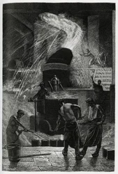 Der Stahlguss in den Cockerill-Werken in Seraing. Gravur von C. Meunier zur Illustration der Geschichte „Belgien“ von Camille Lemonnier (1844-1913)