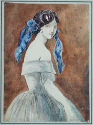 Studie einer Frau als Halbfigur, in einem ausgeschnittenen Kleid, mit einem über dem Haar geknoteten Schleier