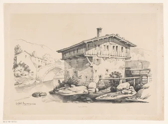 Haus und Wassermühle im Bergdorf