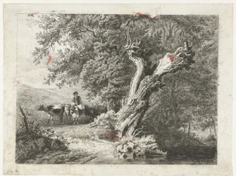 Landschaft mit kahlem Baum und Hirte