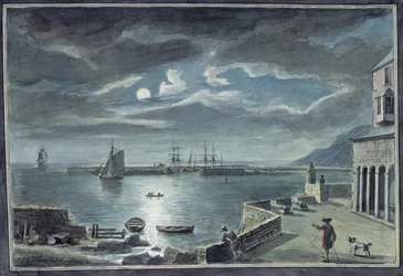 Der Hafen und der Cobb, Lyme Regis, Dorset, bei Mondlicht