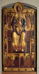 Jungfrau auf dem Thron mit dem Kind, zwei Engeln, den Aposteln. Die Verkündigung und die heiligen Frauen am Grab. Flachrelief aus polychromem Holz