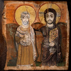 Koptische Kunst: „Christus und Abba Mena“. Der heilige Menas (Minas, Mina, Mena, Mennas), ägyptischer Märtyrer des 3. Jahrhunderts. Fragment einer Malerei auf Holz (Tempera auf Feigenholz) aus dem 6. oder 7. Jahrhundert. Maße: 57x57cm. Vom Fundort Baouit