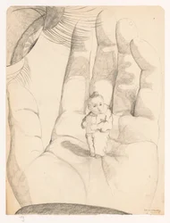 Auge und Hand, in denen ein Kind mit einem Päckchen in den Händen Selbstporträts von Cor van Teeseling (Serientitel)