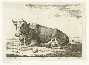 Landschaft mit liegender Kuh mit Hörnern