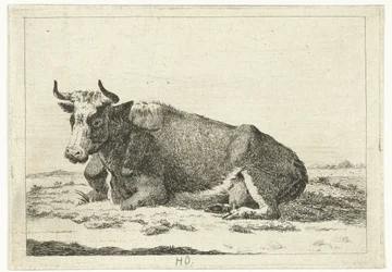 Landschaft mit liegender Kuh mit Hörnern