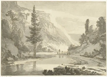 Berglandschaft mit Hirten am Flussufer