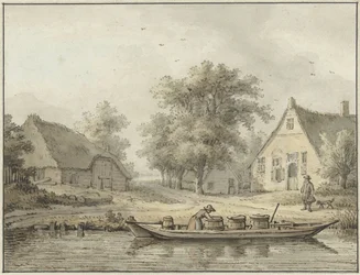 Landschaft mit einem vertäuten Boot mit Fässern