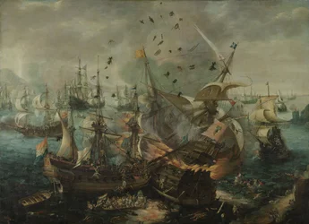 Die Explosion des spanischen Flaggschiffs während der Schlacht von Gibraltar, ca. 1621