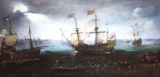 Dreimaster feuert Salut auf der Maas bei Dordrecht