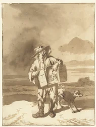 Ein junger Mann mit einem Guckkasten und einem Hund