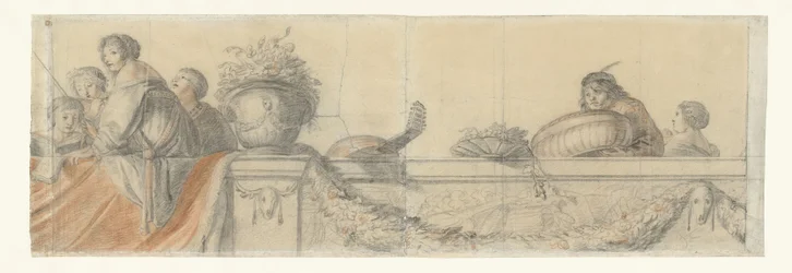 Personen auf einer Balustrade mit Girlanden
