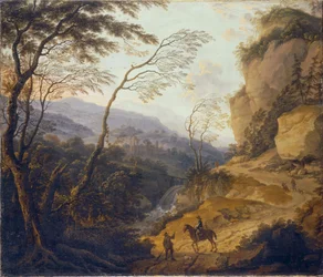 Berglandschaft mit einem Reiter und einem Jäger im Gespräch