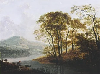 Waldreiches Flusslandschaft mit Ziegenhirte