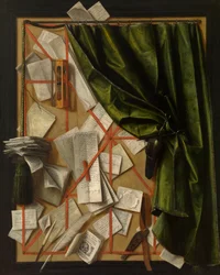 Trompe-l’œil: Briefständer mit Sanduhr, Rasiermesser und Schere, ca. 1664