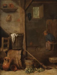Kücheninterieur mit einer Figur im angrenzenden Raum