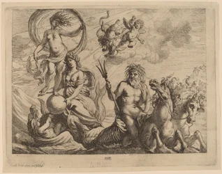 Neptun mit zwei Pferden auf dem Meer