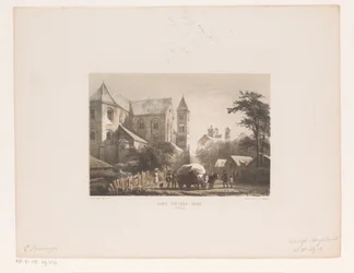 Rinder mit Wagen vor elftem Jahrhundert Kirche (Sint Pieters-Kirche)