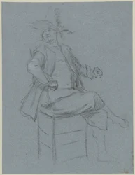 Sitzender Quäker, dreiviertel nach links mit umgedrehtem Kopf