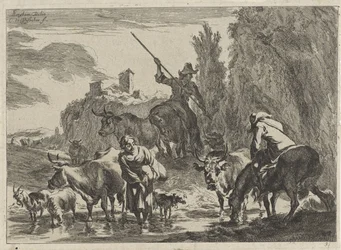 Hirten mit Vieh durchwaten einen Bach (Landschaften)