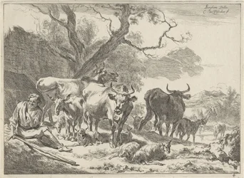 Ruhender alter Hirte mit seiner Herde