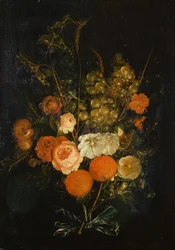 Rosenstrauß, Nelken, Orangen, Trauben, Eicheln und Kastanien