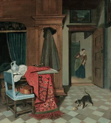 Innenraum mit Teppich, Schwert und Krug auf einem Tisch, Cello auf einem Stuhl, Mantel an einem Schrank, Katze spielt mit einem Ball, Magd im Hintergrund