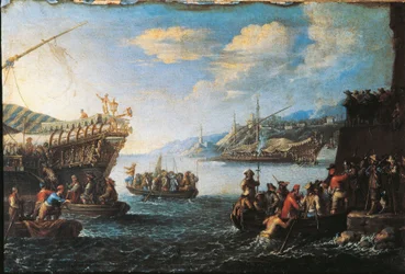 Truppen, die im Hafen von Genua auf eine Galeere einschiffen