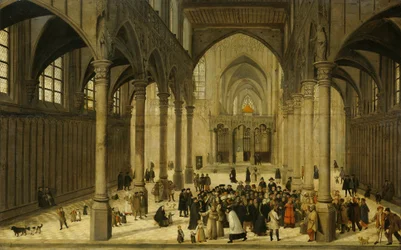 Kircheninneres mit Christus, der zu einer Gemeinde predigt