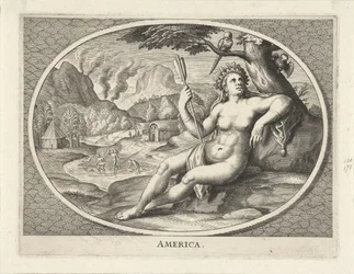 Weibliche Personifikation des Kontinents Amerika als Frau mit Federschmuck und Pfeil in einer Landschaft