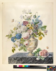 Eine Marmorvase mit gemischten Blumen auf einem Marmorsims, ca. 1800