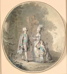 Gustav III., Königin Sophie Magdalene und Kronprinz Gustav Adolph spazieren im Hagapark